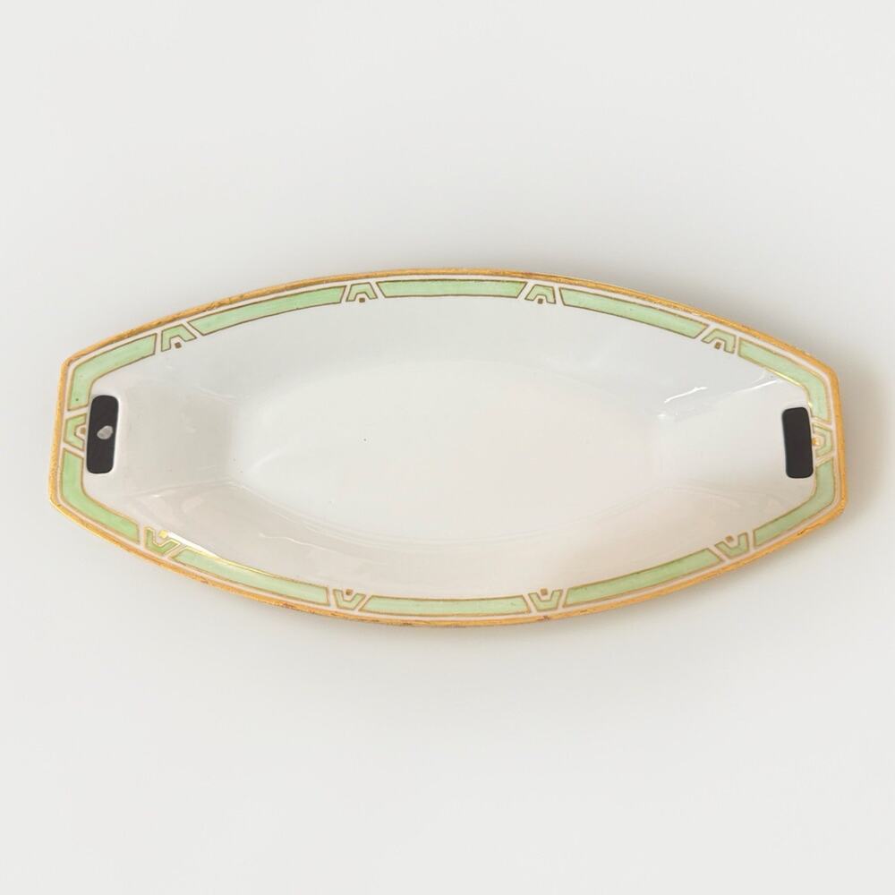 Antique 1920s Hertel Jacob Rehau Bavaria Celery Serving Dish Green Gold Platter